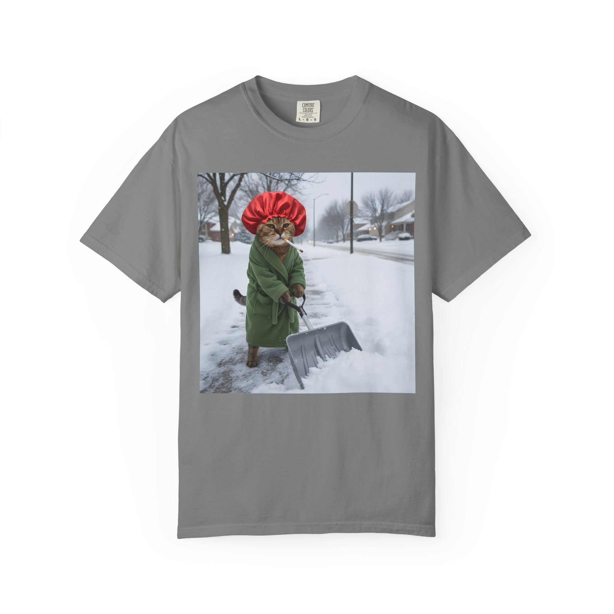 Cat Shoveling Snow in Green Robe [Comfort Colors]
