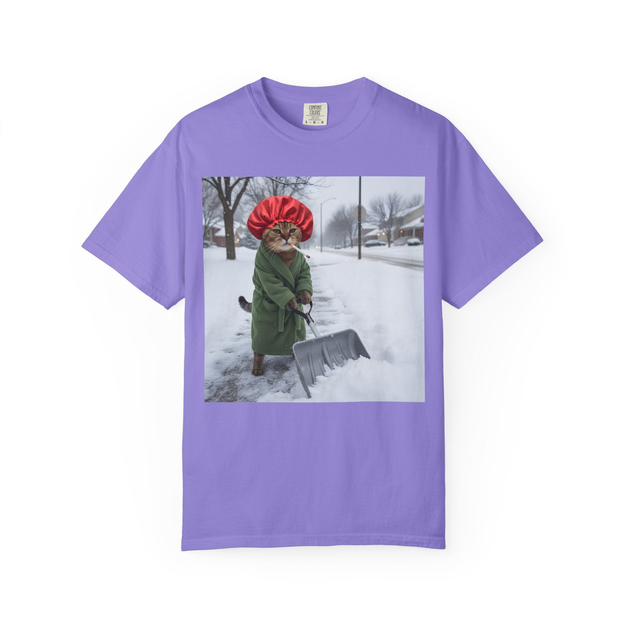 Cat Shoveling Snow in Green Robe [Comfort Colors]