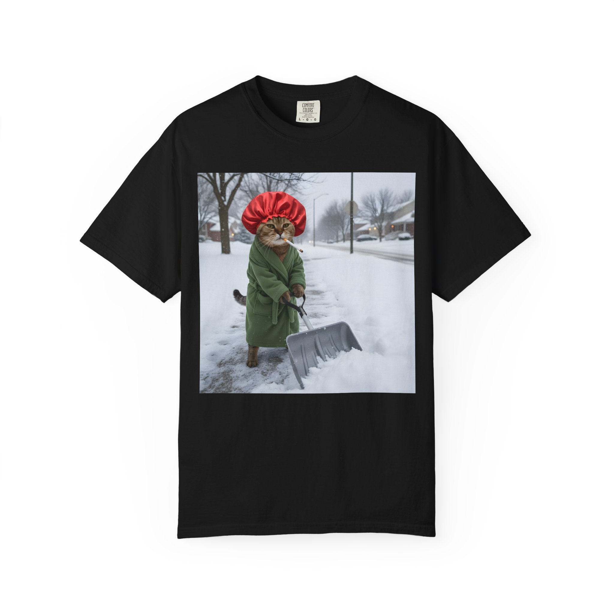 Cat Shoveling Snow in Green Robe [Comfort Colors]