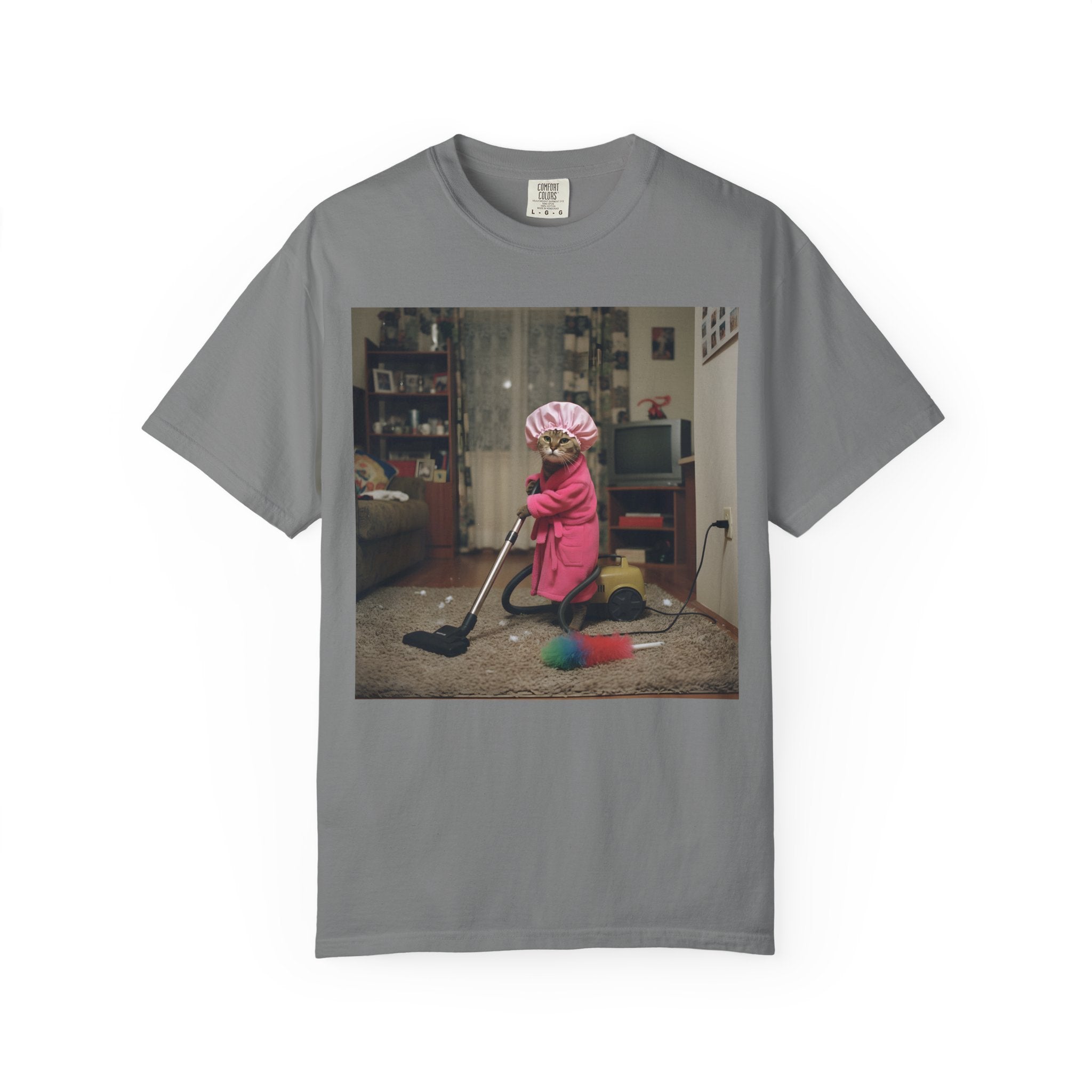 Cat Vacuuming in Pink Robe & Shower Cap [Comfort Colors]