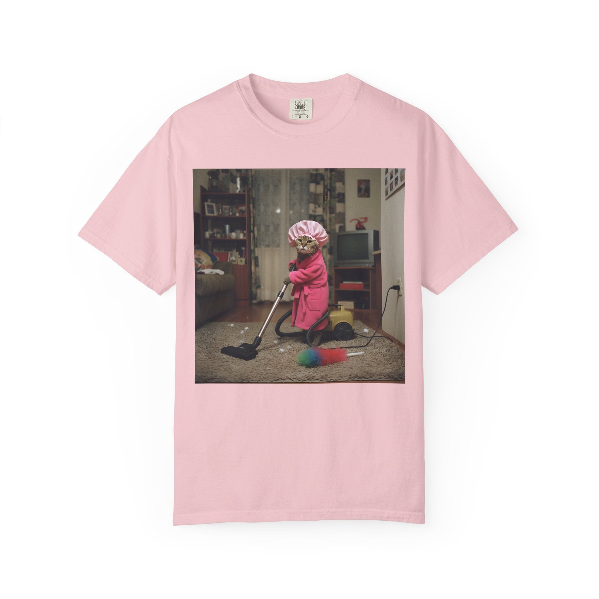 Cat Vacuuming in Pink Robe & Shower Cap [Comfort Colors]