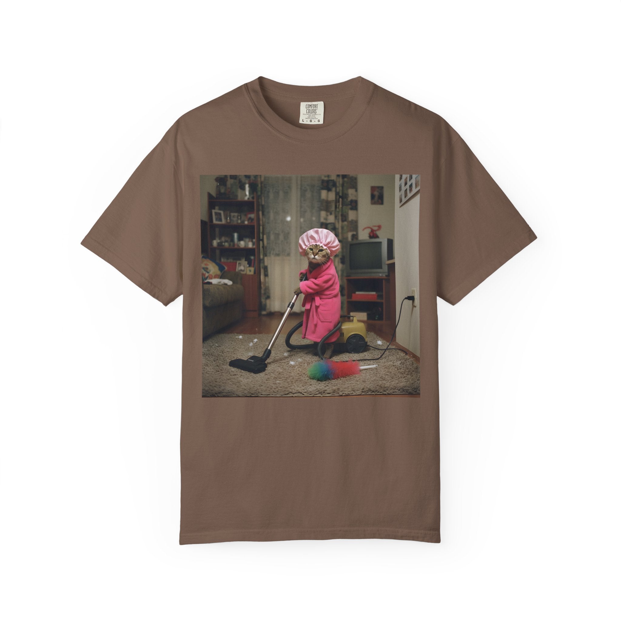 Cat Vacuuming in Pink Robe & Shower Cap [Comfort Colors]