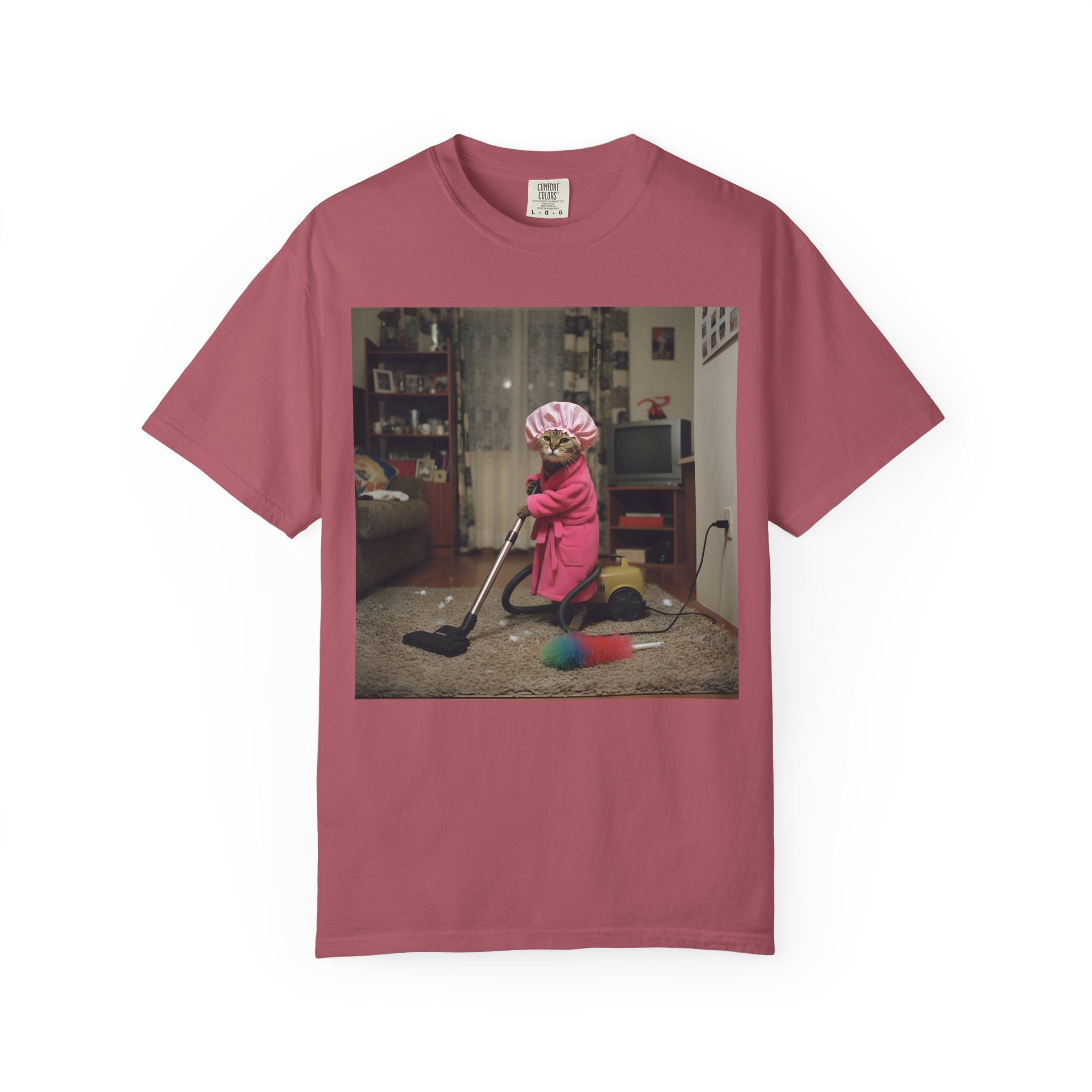 Cat Vacuuming in Pink Robe & Shower Cap [Comfort Colors]