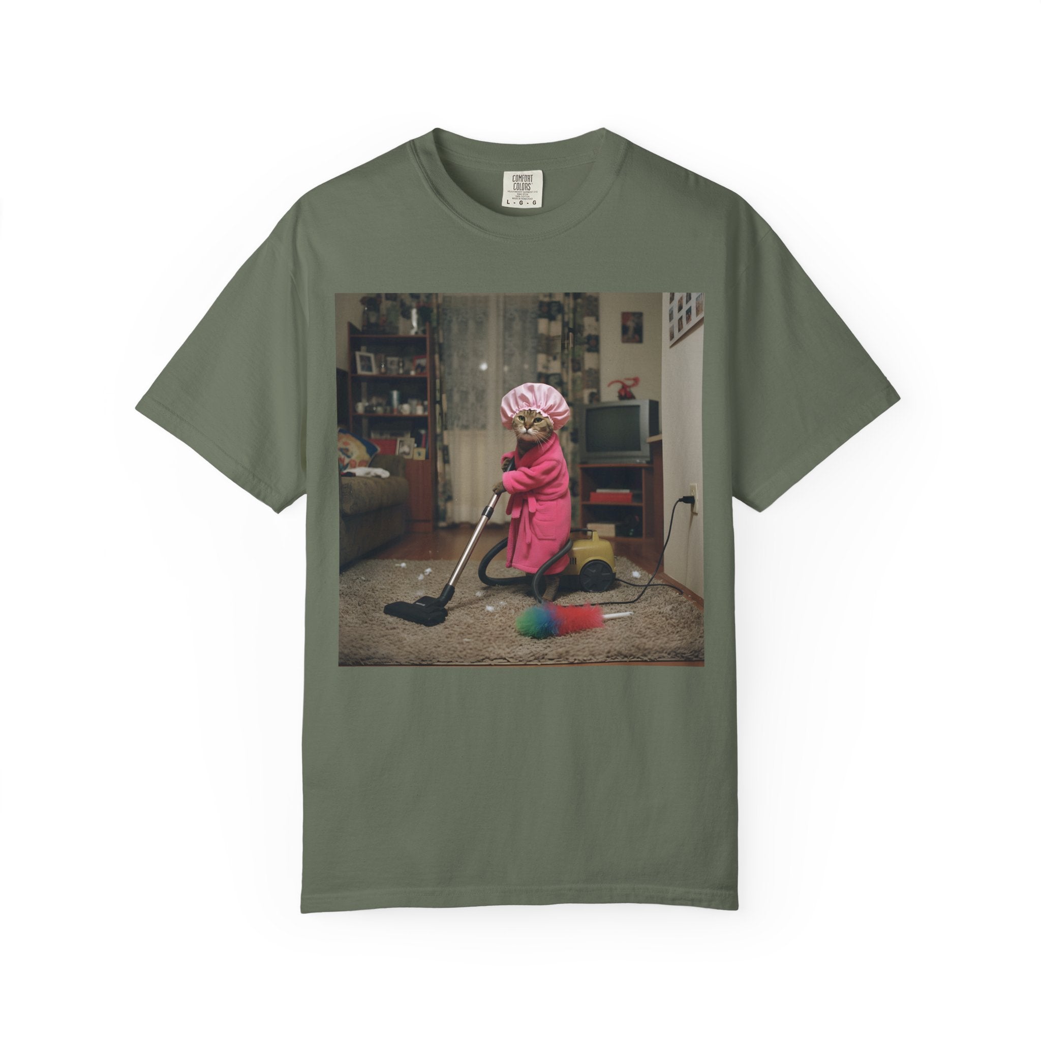 Cat Vacuuming in Pink Robe & Shower Cap [Comfort Colors]