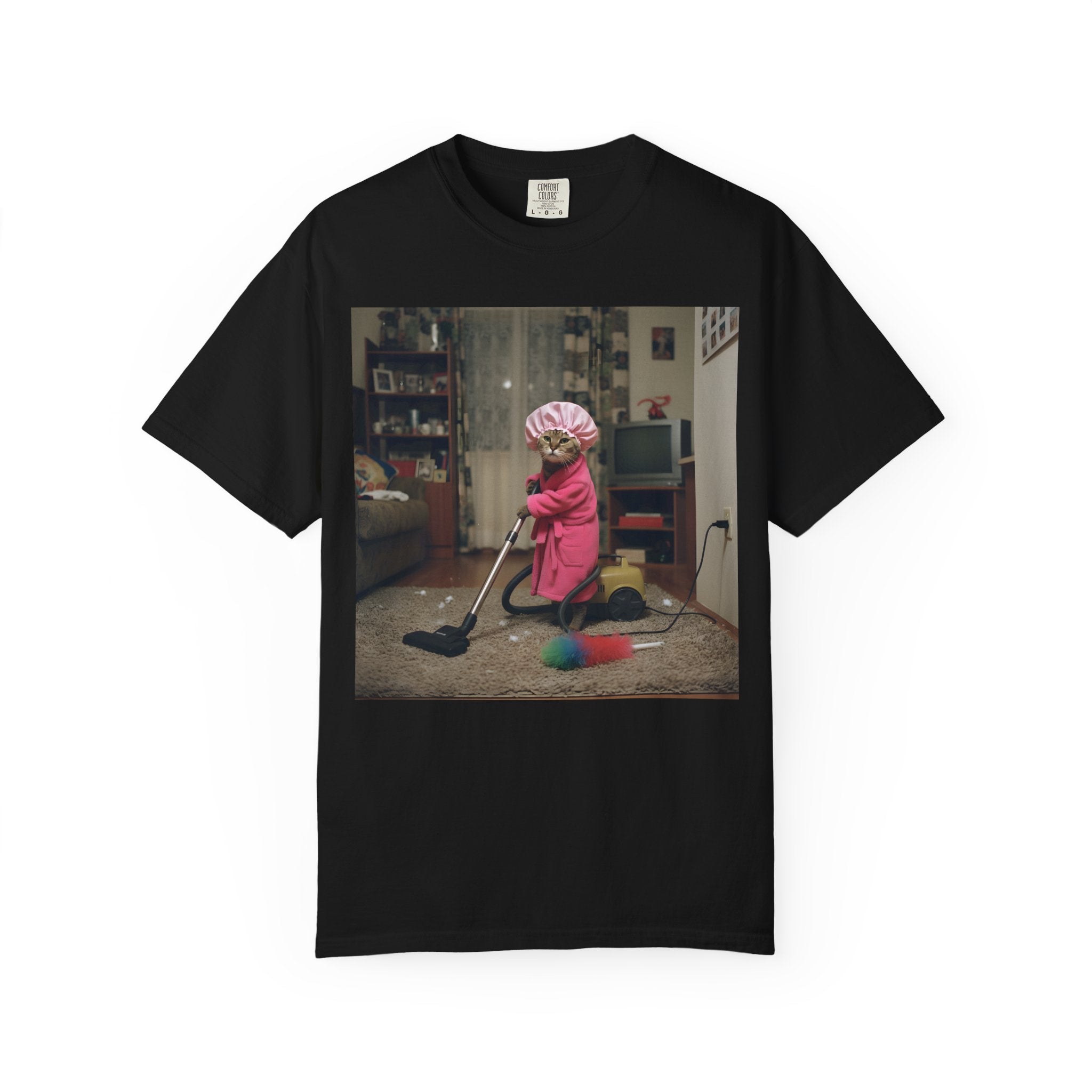Cat Vacuuming in Pink Robe & Shower Cap [Comfort Colors]