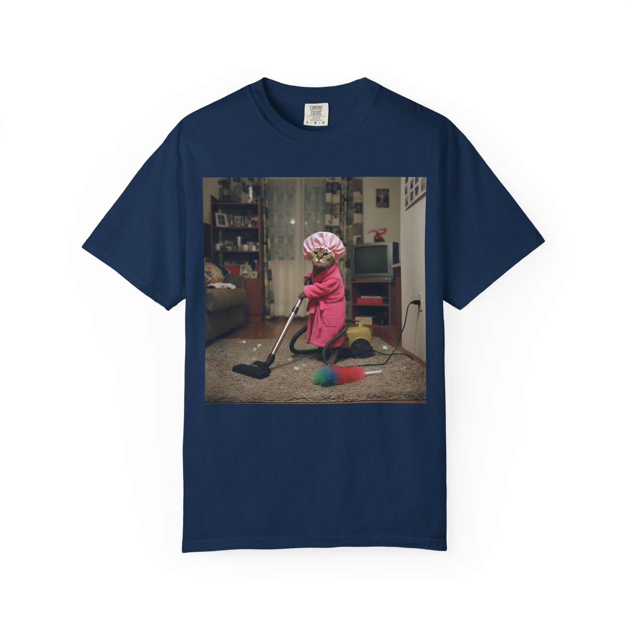 Cat Vacuuming in Pink Robe & Shower Cap [Comfort Colors]
