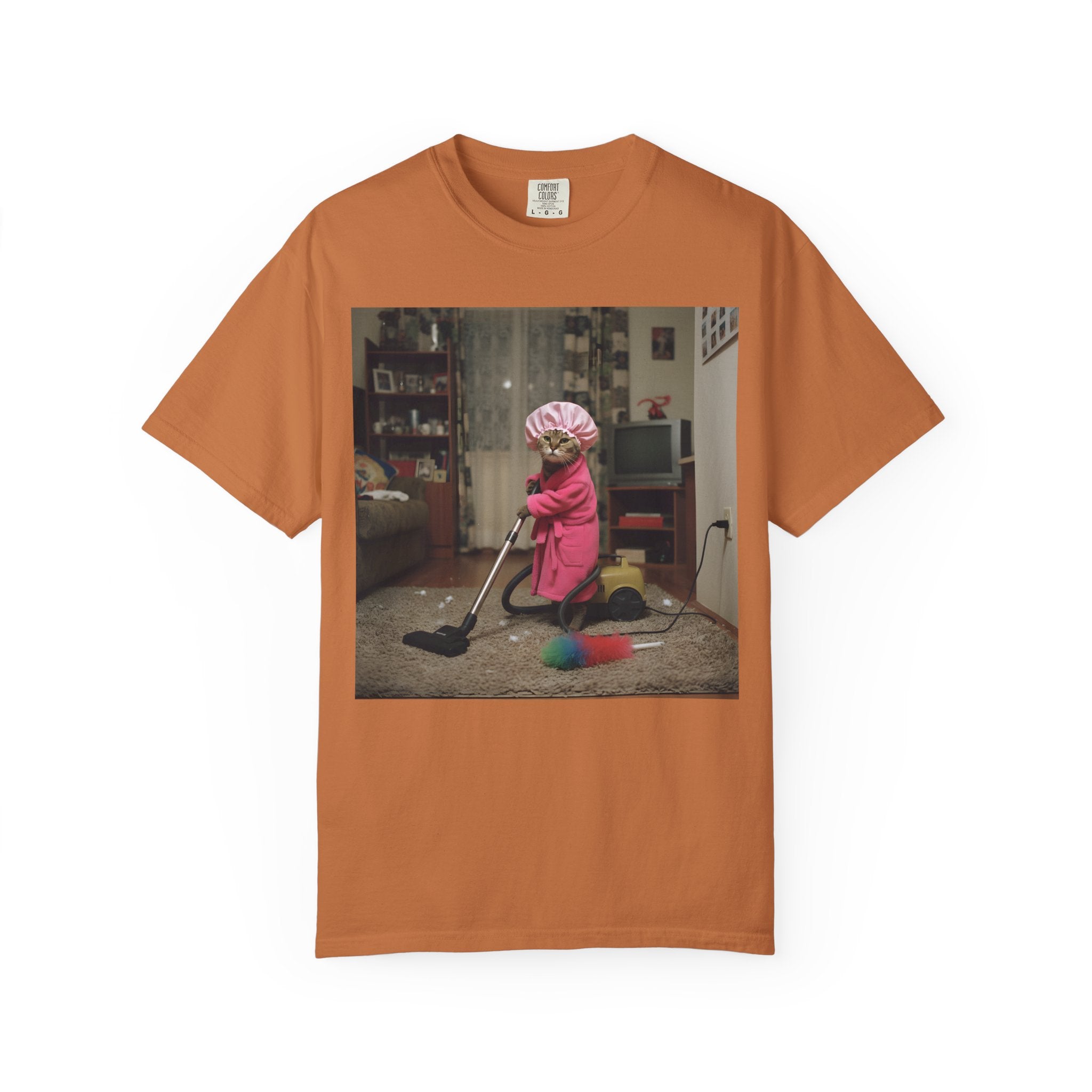 Cat Vacuuming in Pink Robe & Shower Cap [Comfort Colors]