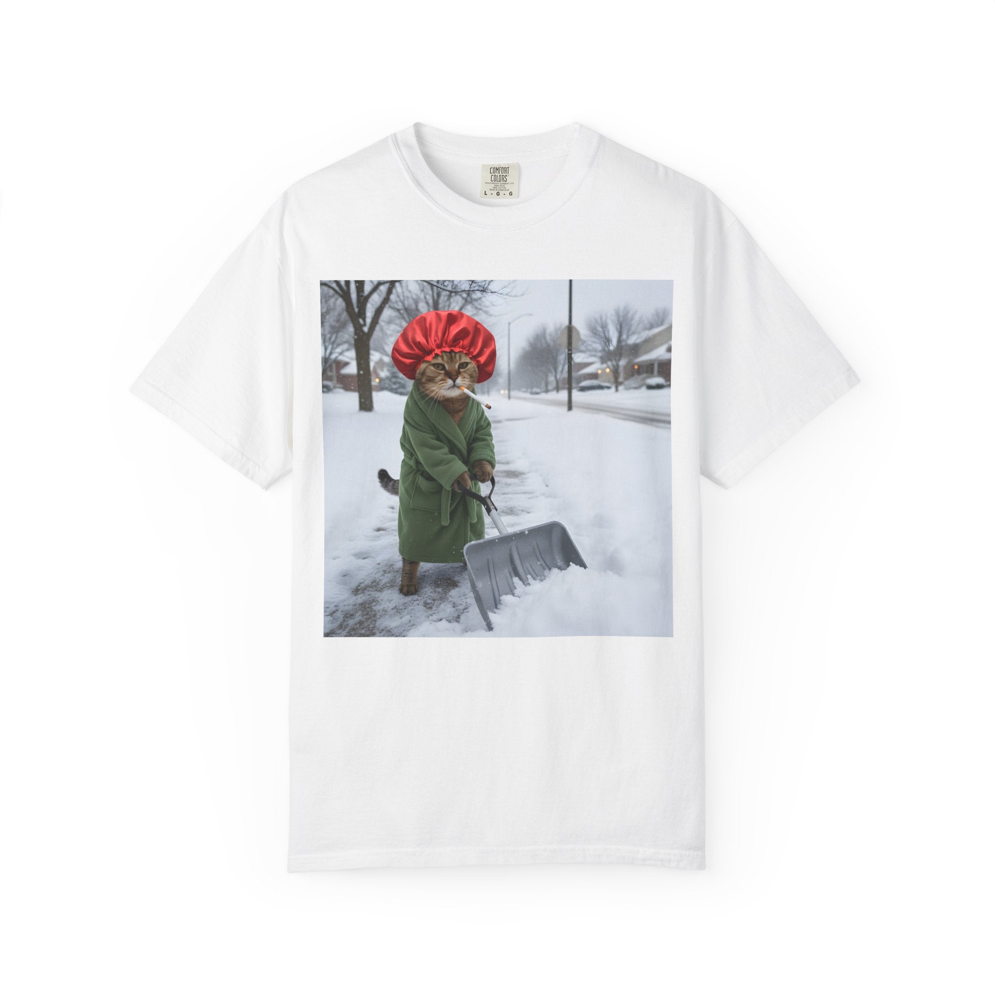 Cat Shoveling Snow in Green Robe [Comfort Colors]