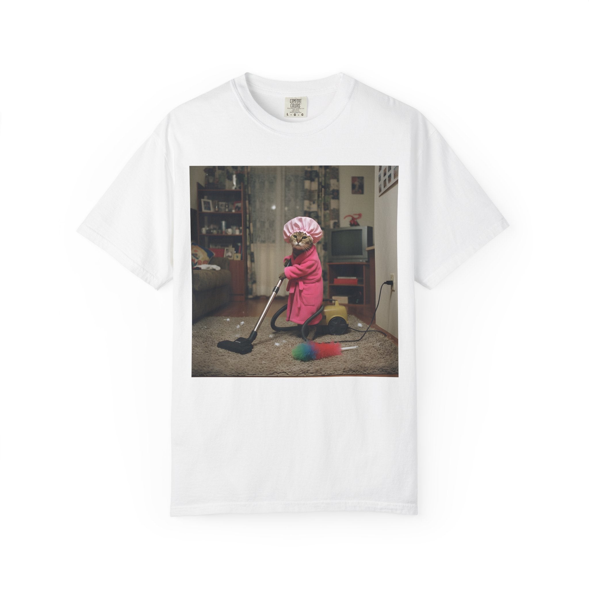 Cat Vacuuming in Pink Robe & Shower Cap [Comfort Colors]