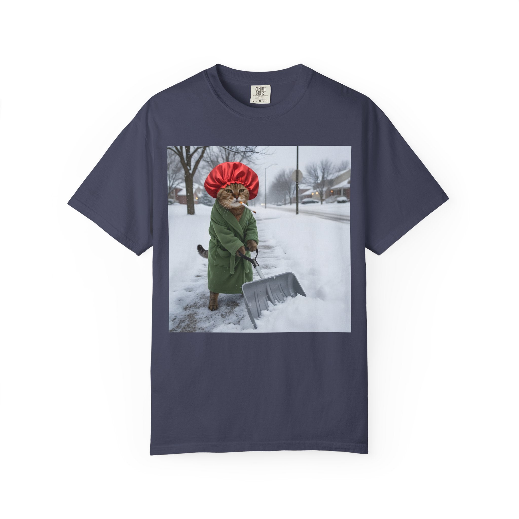 Cat Shoveling Snow in Green Robe [Comfort Colors]