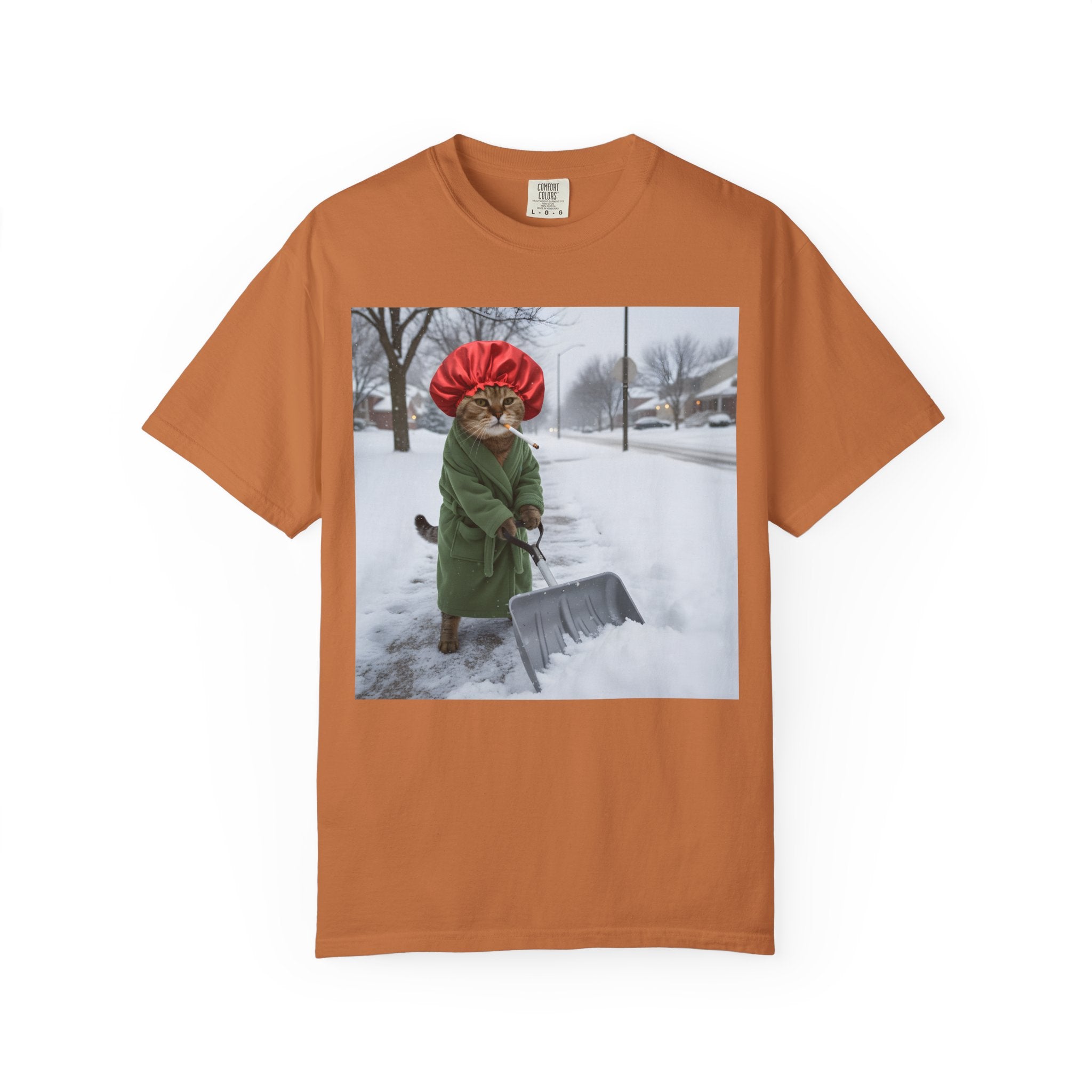 Cat Shoveling Snow in Green Robe [Comfort Colors]