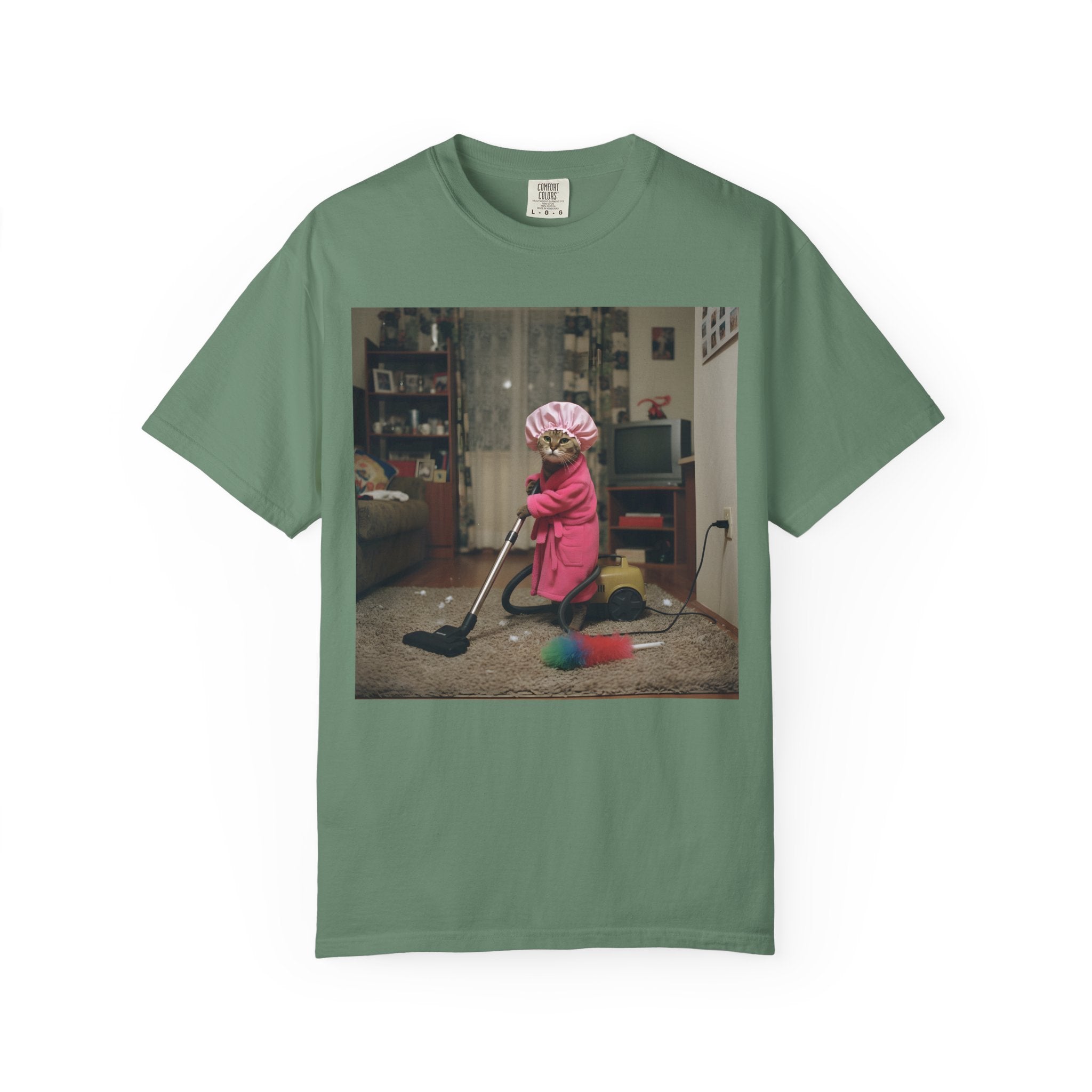 Cat Vacuuming in Pink Robe & Shower Cap [Comfort Colors]