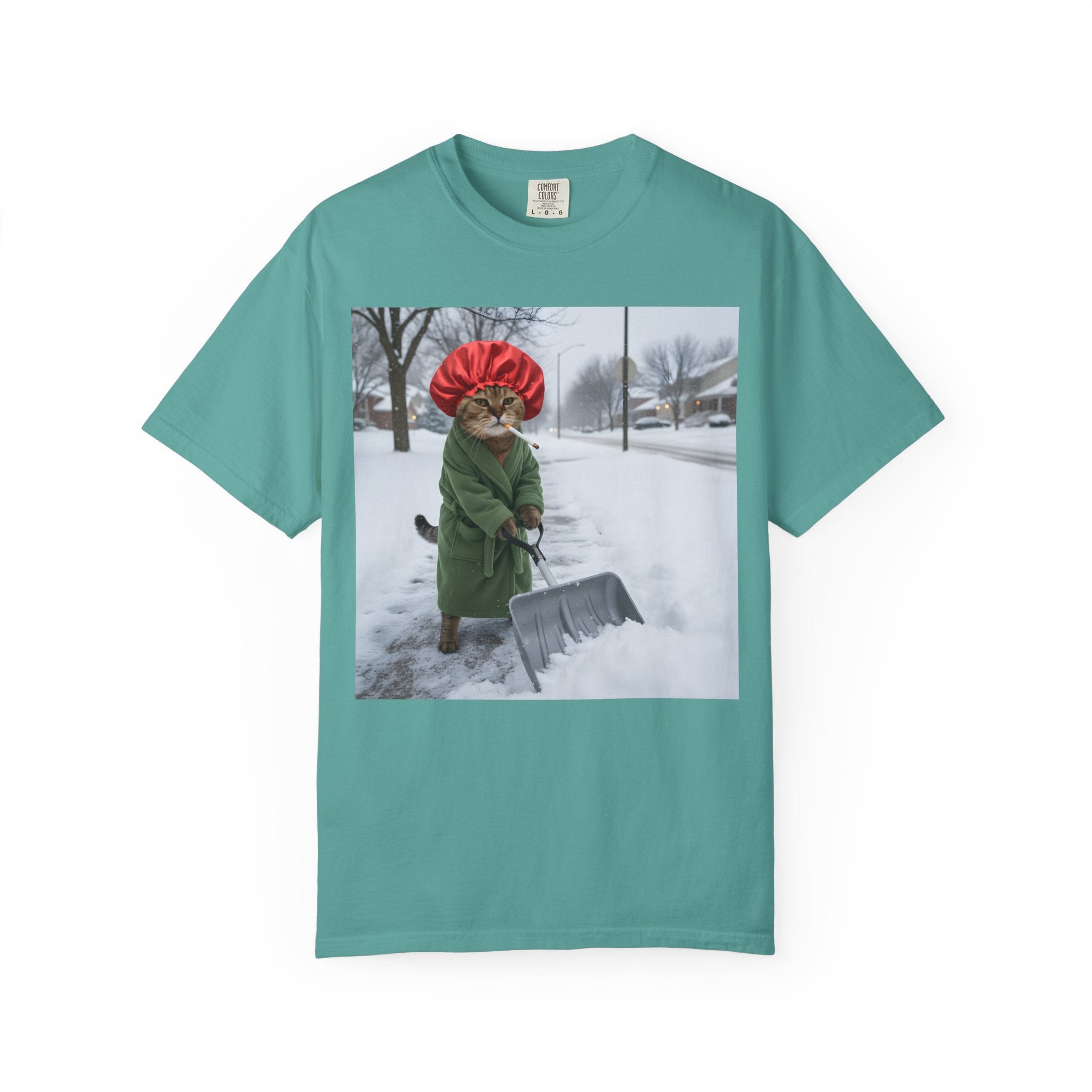 Cat Shoveling Snow in Green Robe [Comfort Colors]