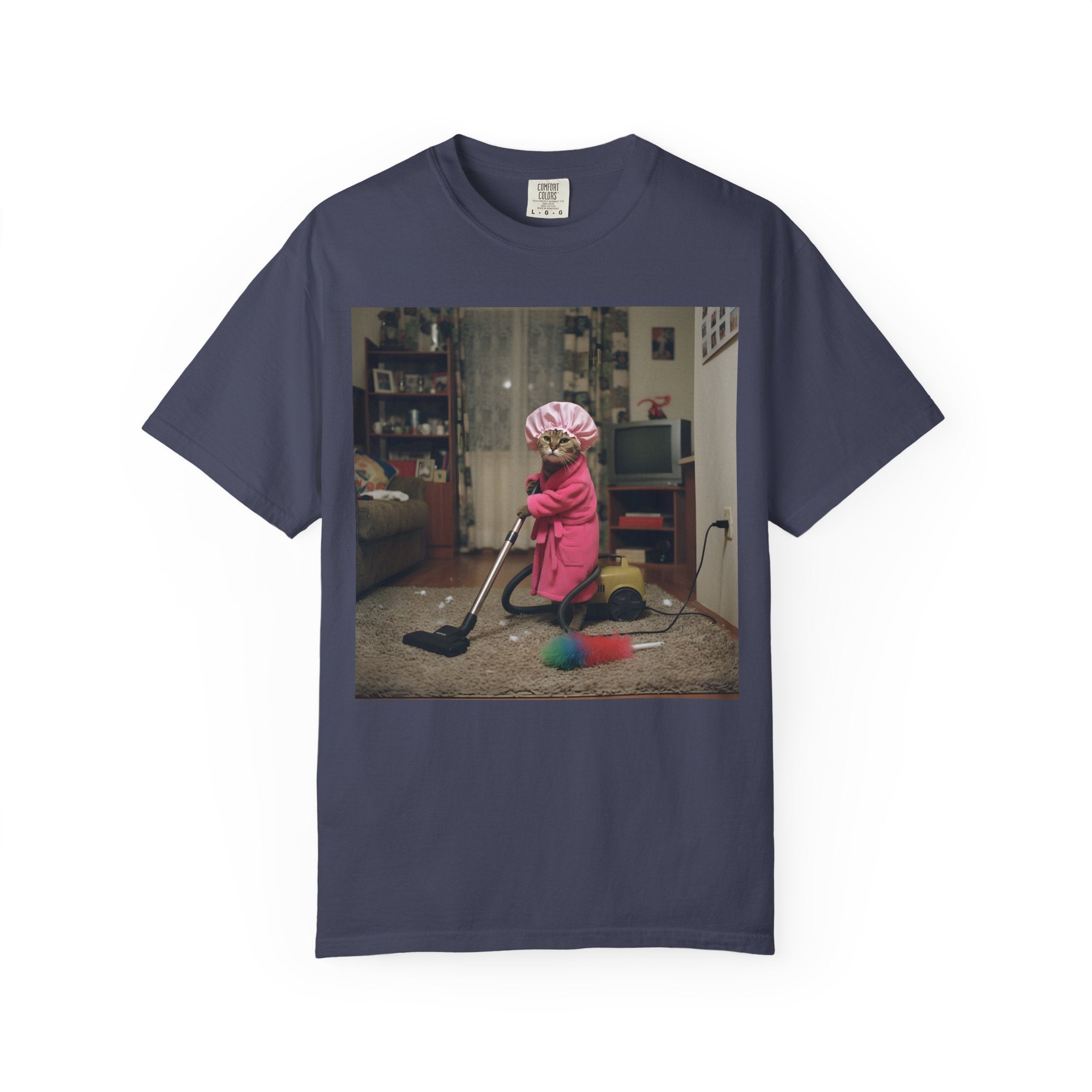 Cat Vacuuming in Pink Robe & Shower Cap [Comfort Colors]