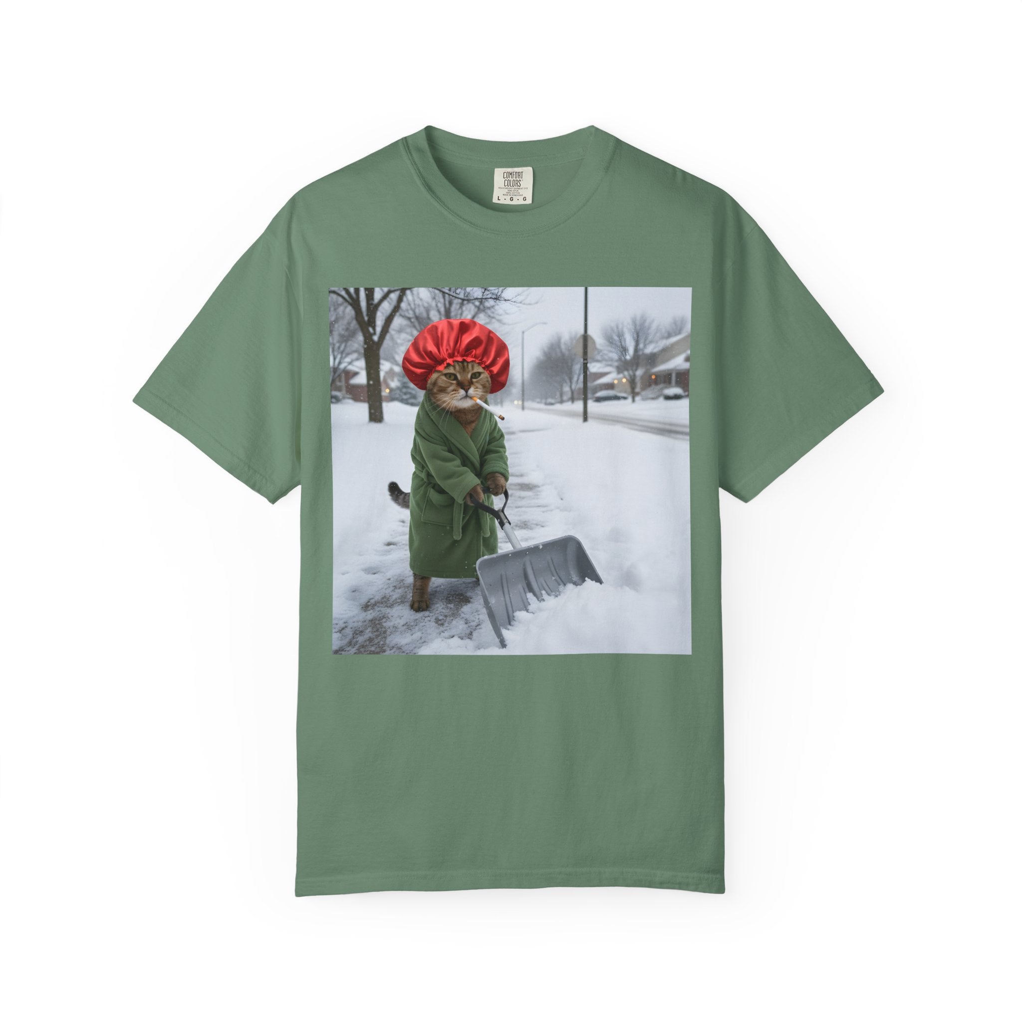 Cat Shoveling Snow in Green Robe [Comfort Colors]