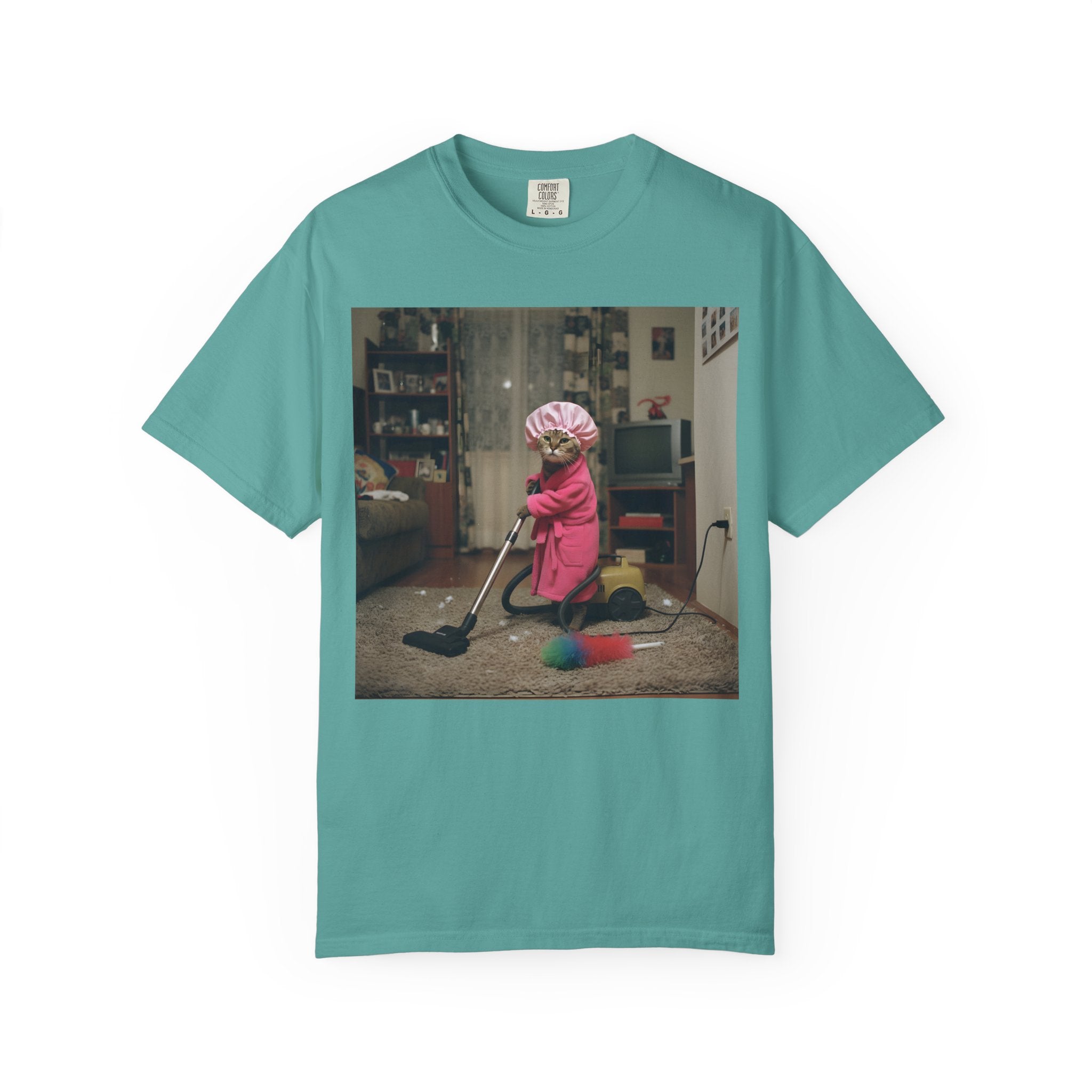 Cat Vacuuming in Pink Robe & Shower Cap [Comfort Colors]