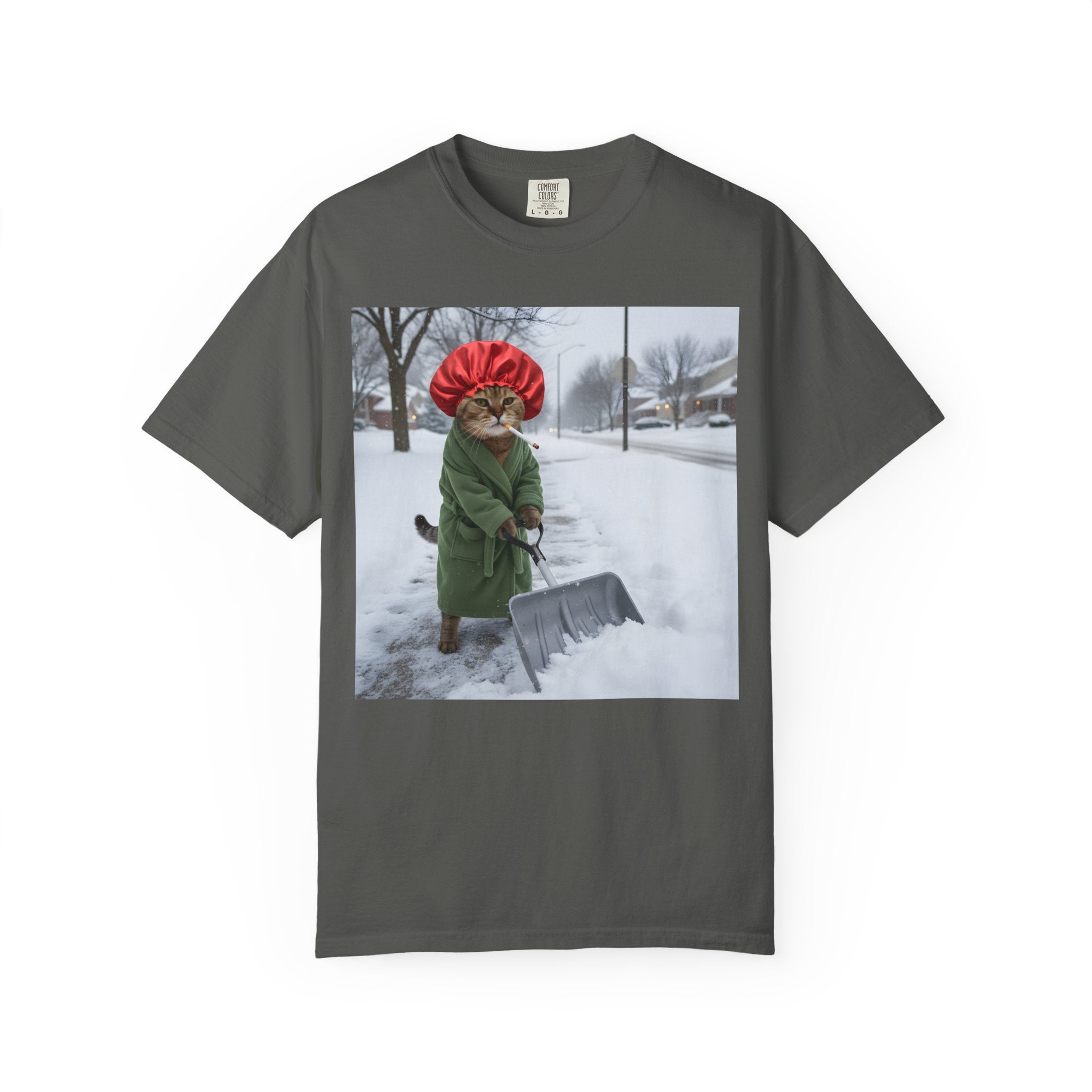 Cat Shoveling Snow in Green Robe [Comfort Colors]