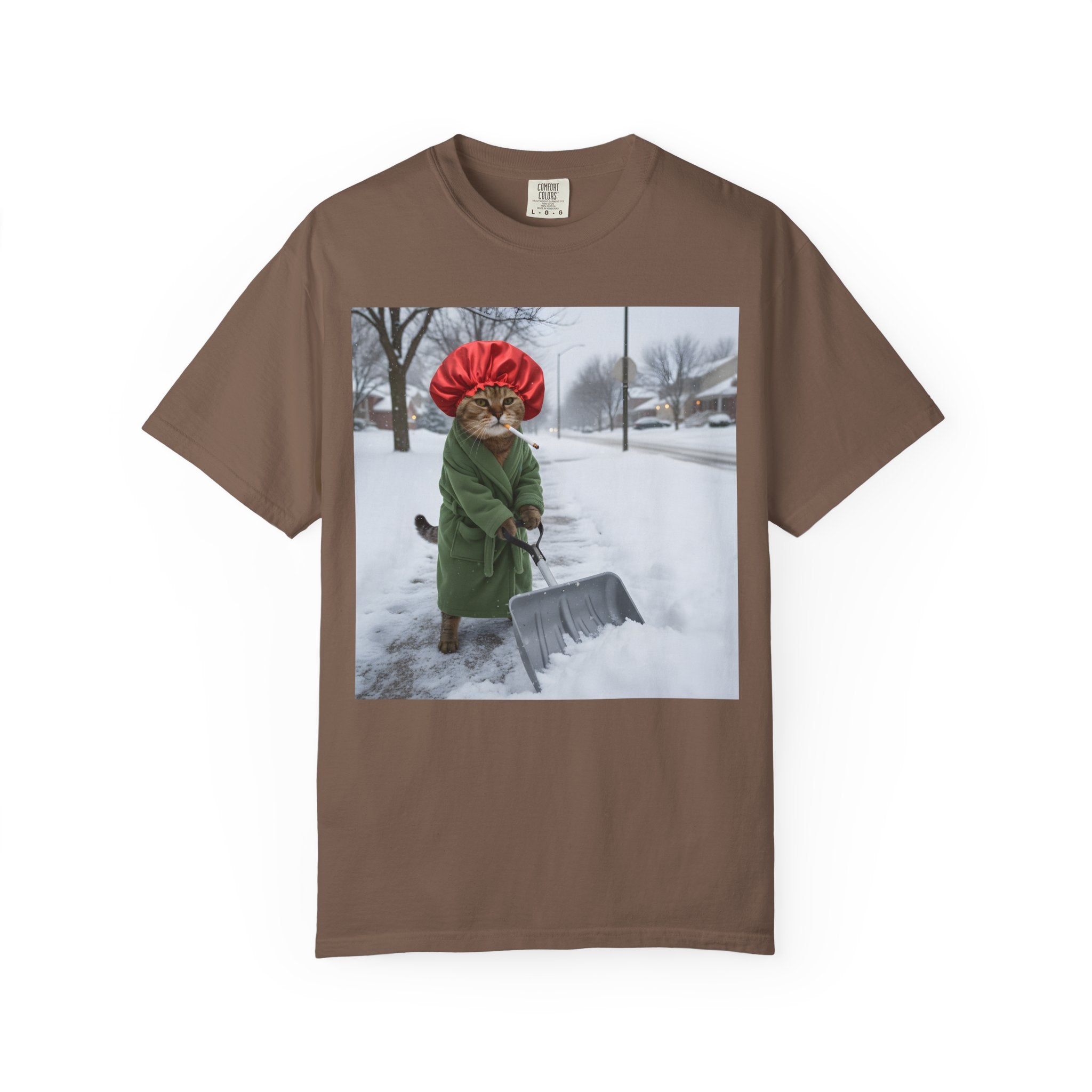 Cat Shoveling Snow in Green Robe [Comfort Colors]
