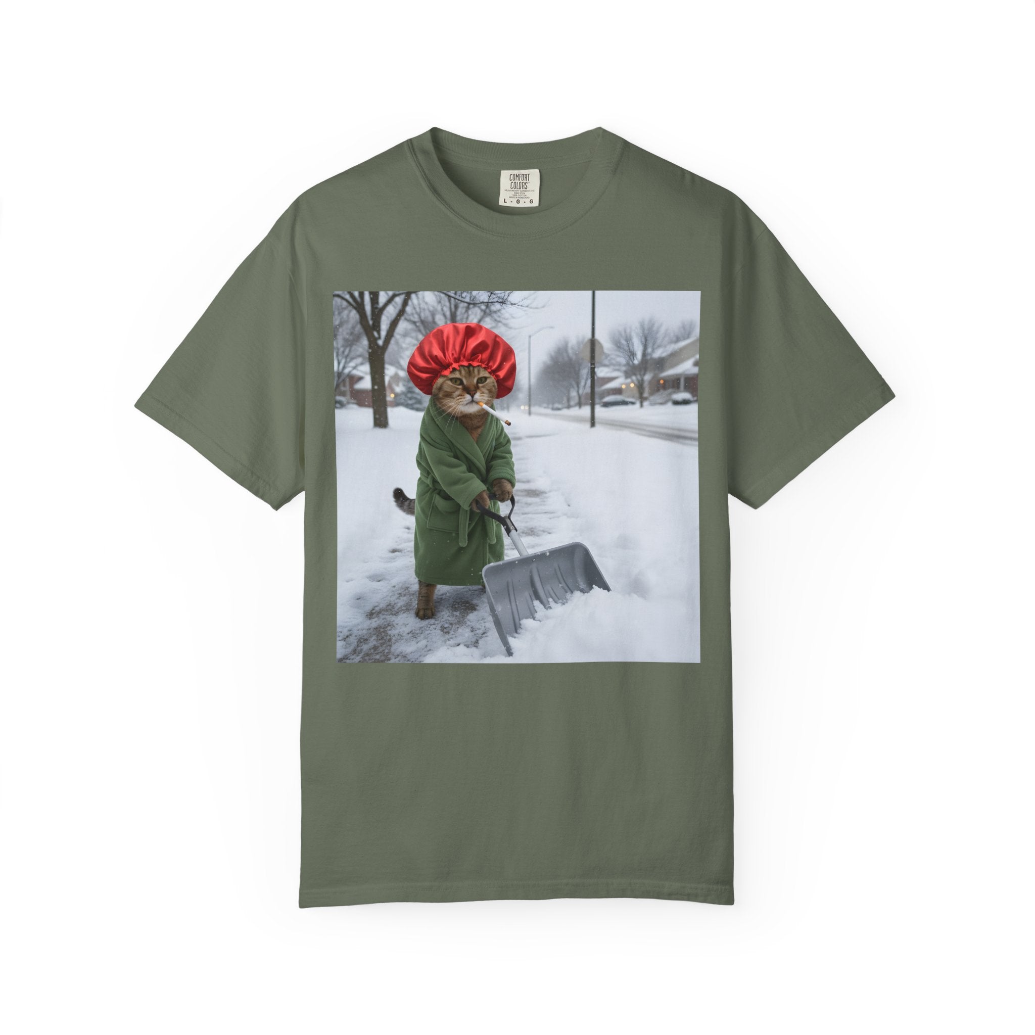 Cat Shoveling Snow in Green Robe [Comfort Colors]