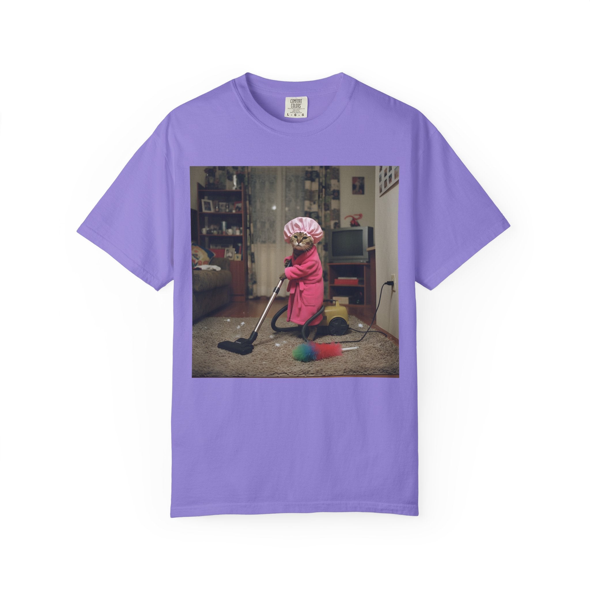 Cat Vacuuming in Pink Robe & Shower Cap [Comfort Colors]