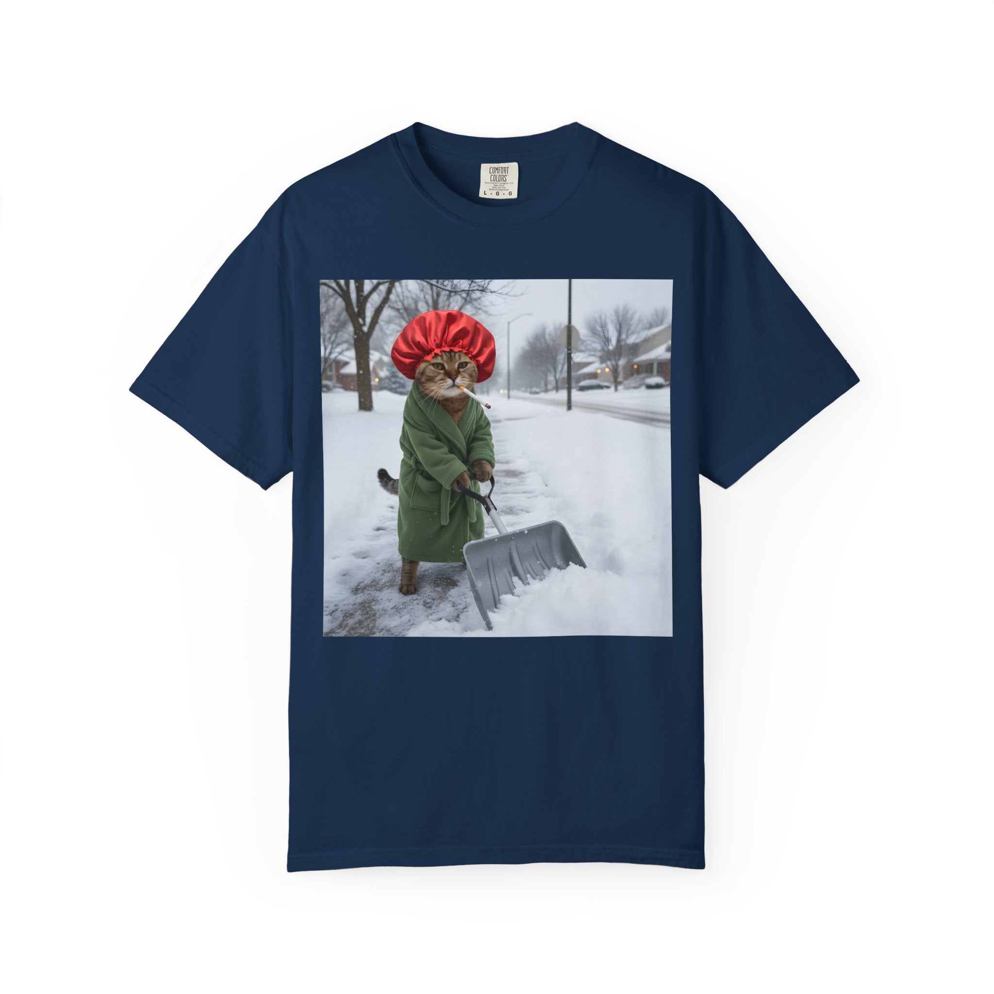 Cat Shoveling Snow in Green Robe [Comfort Colors]