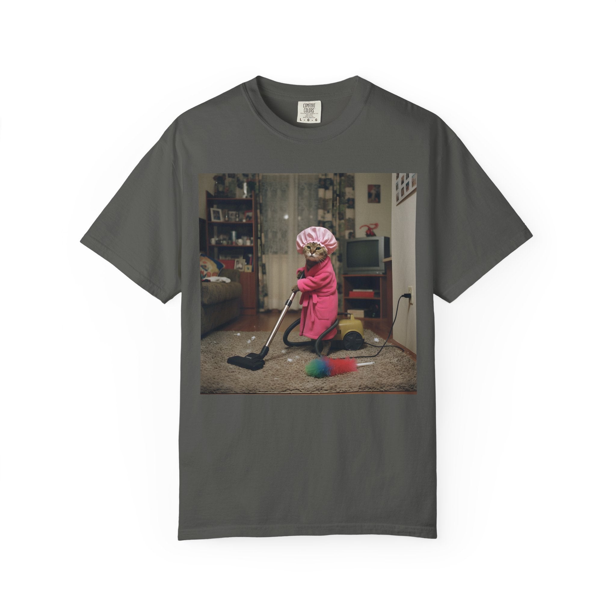 Cat Vacuuming in Pink Robe & Shower Cap [Comfort Colors]
